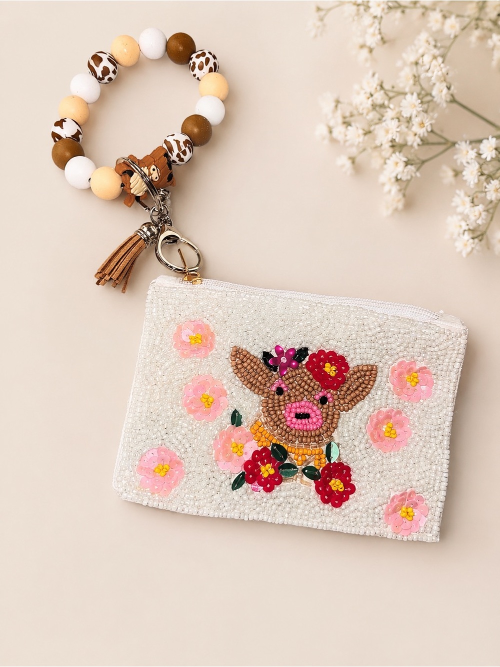 Boho Floral Cow Beaded Wristlet Coin Pouch Keychain Set NWOT